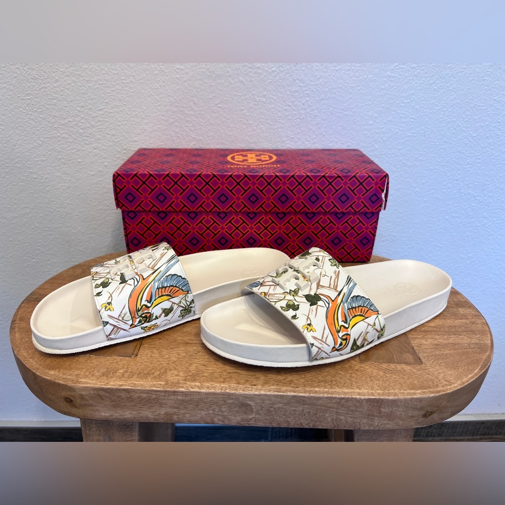 Tory Burch Everly Calf Leather Printed Birds Anatomic Slide Sandal Size 8 - Picture 6 of 7